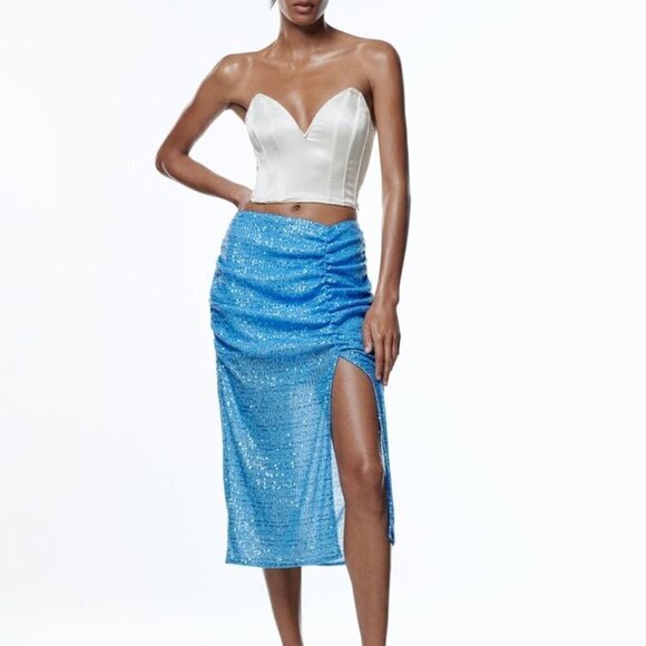 ZARA SEQUIN MIDI SKIRT BLUE SIZE| 7969/051/400 - Picture 2 of 10